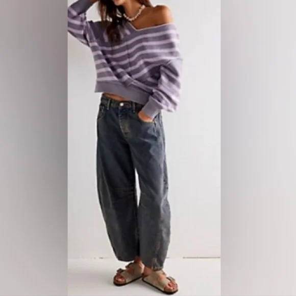 Free People Good Luck Barrel Jeans Mid Rise Distressed Relaxed Ian Indigo 28 NWT - Picture 16 of 16